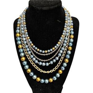Vintage multistrand necklace dramatic beads & chains blue & gold mid century
